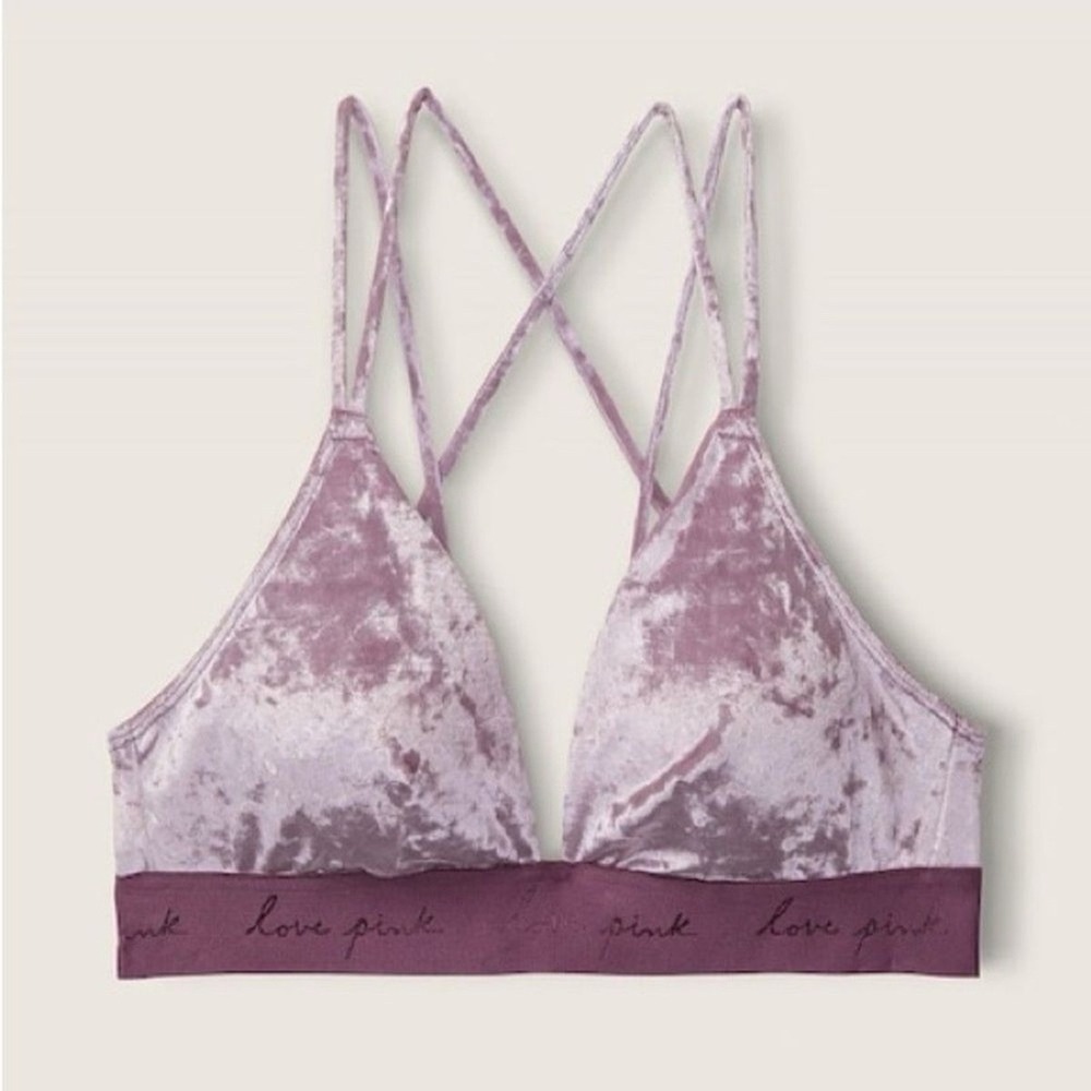 Pink Victoria's Secret Lilac Crushed Velvet Strappy Triangle Bralette Medium NEW